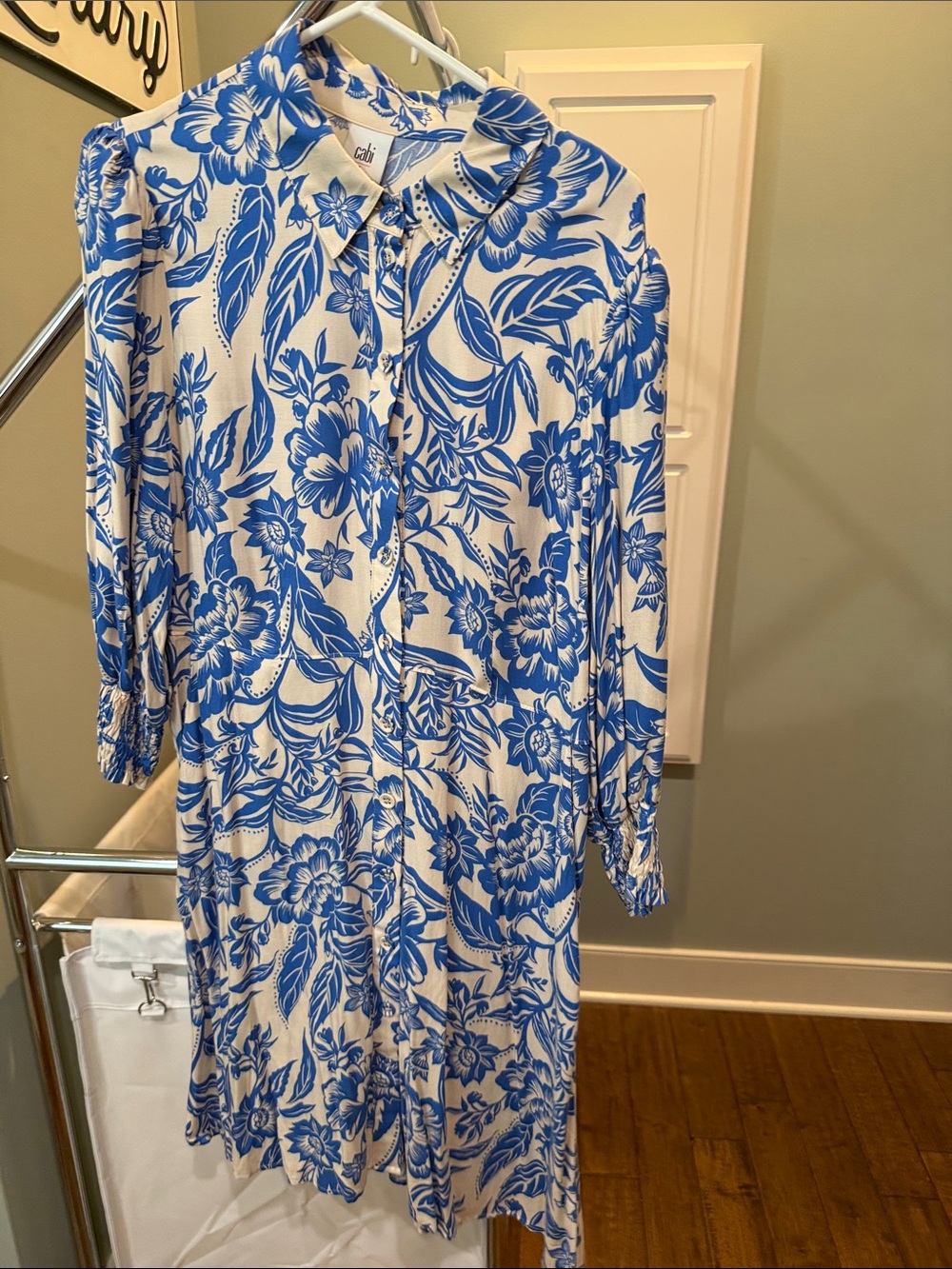 CAbi Blue and White Floral Long-Sleeve Shirt Dress